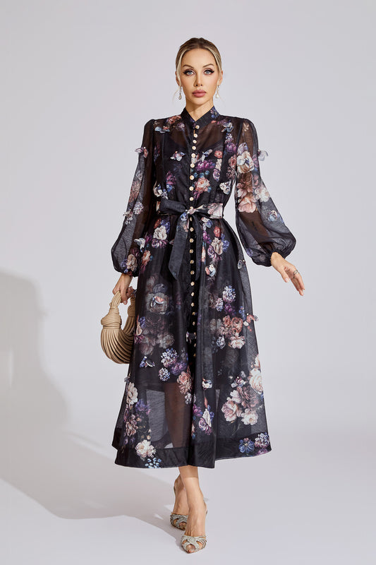 Midnight Bloom Organza Maxi Dress