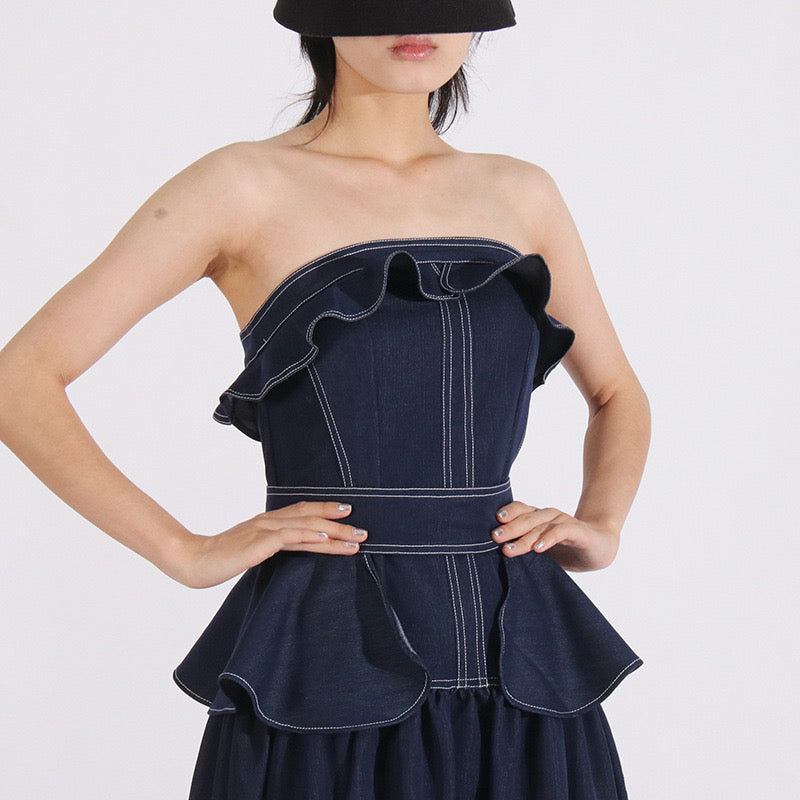 Strapless denim maxi dress
