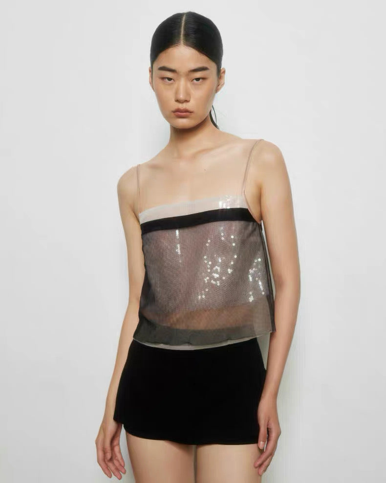 Black Iridescent Mesh Sequin Cami Top
