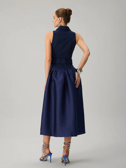Maddie Navy Tailored Belted Midi Dress