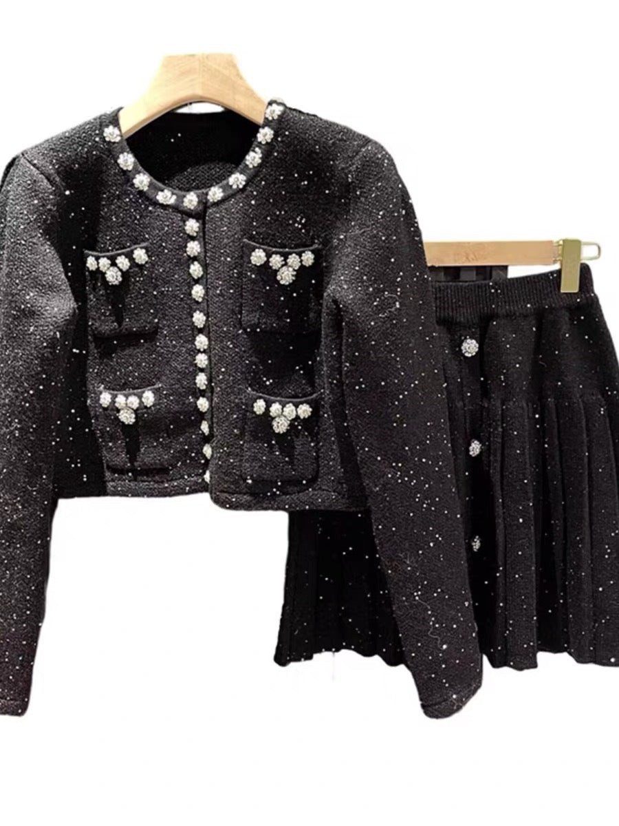 Lara black knitted Pearl embellished set