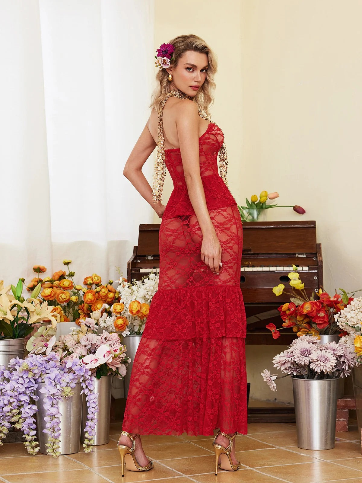 Prima red lace maxi dress