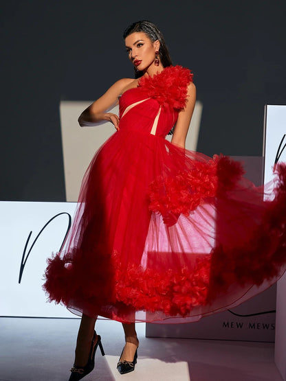Belle red tulle midi dress