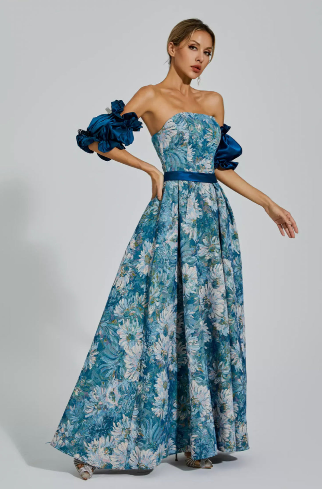 Samia flower off shoulder blue maxi dress