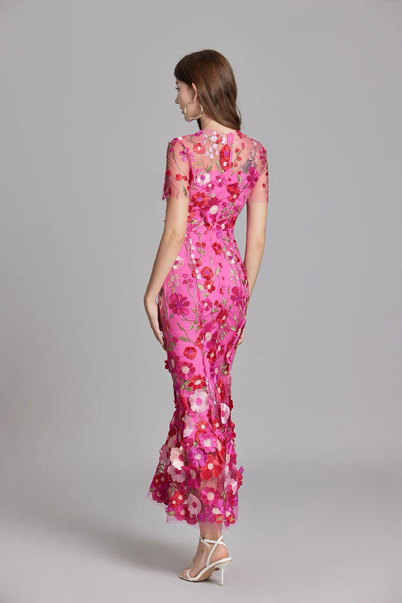 Soleil Bloom Flower Embroidered Midi Dress