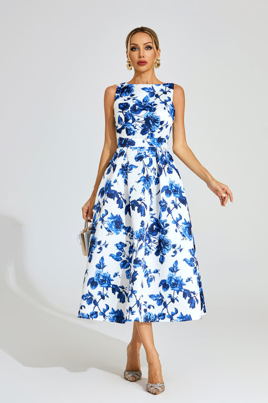 Azure Blossom A-Line Midi Dress