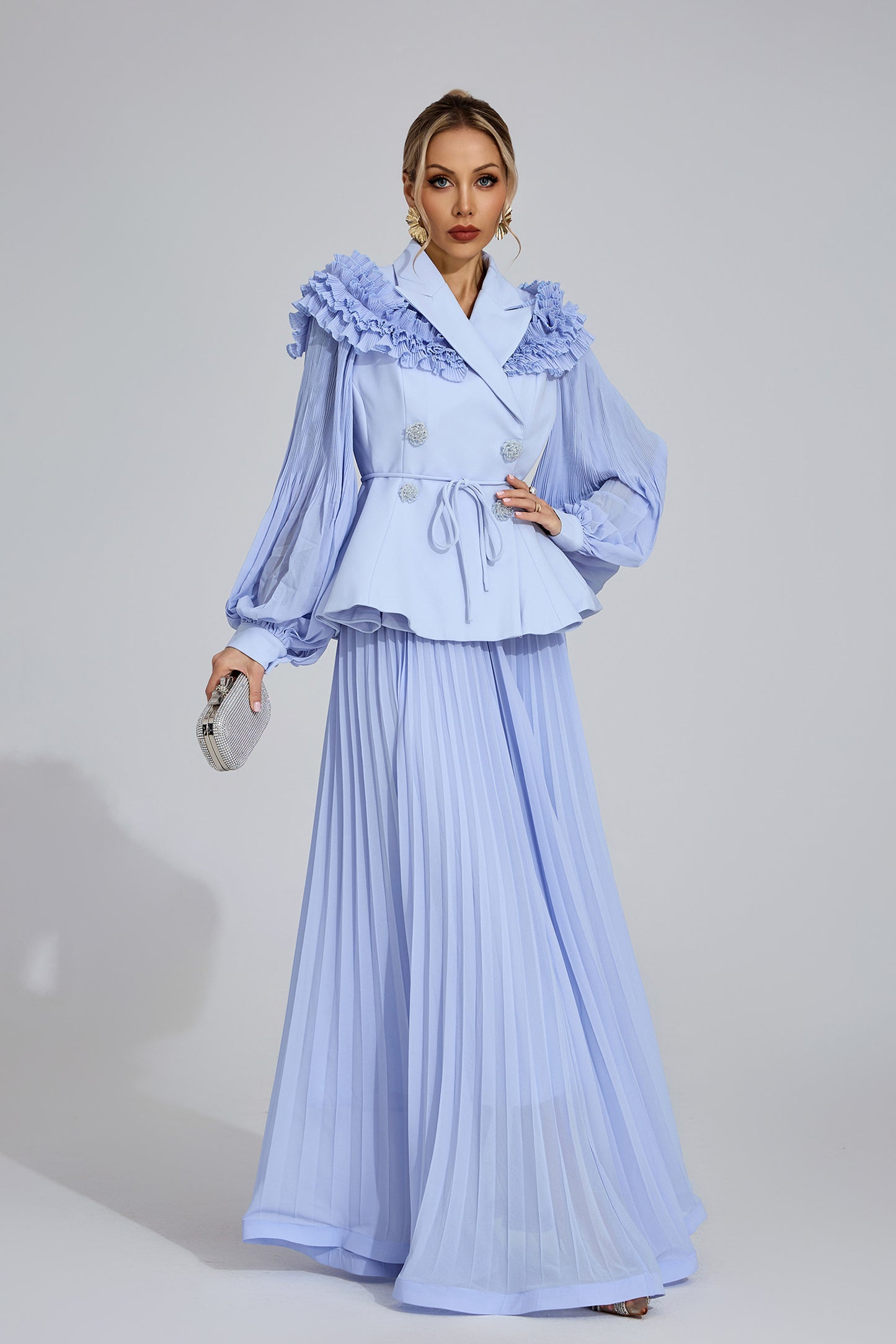 Ruffle-Shoulder Pleated Set