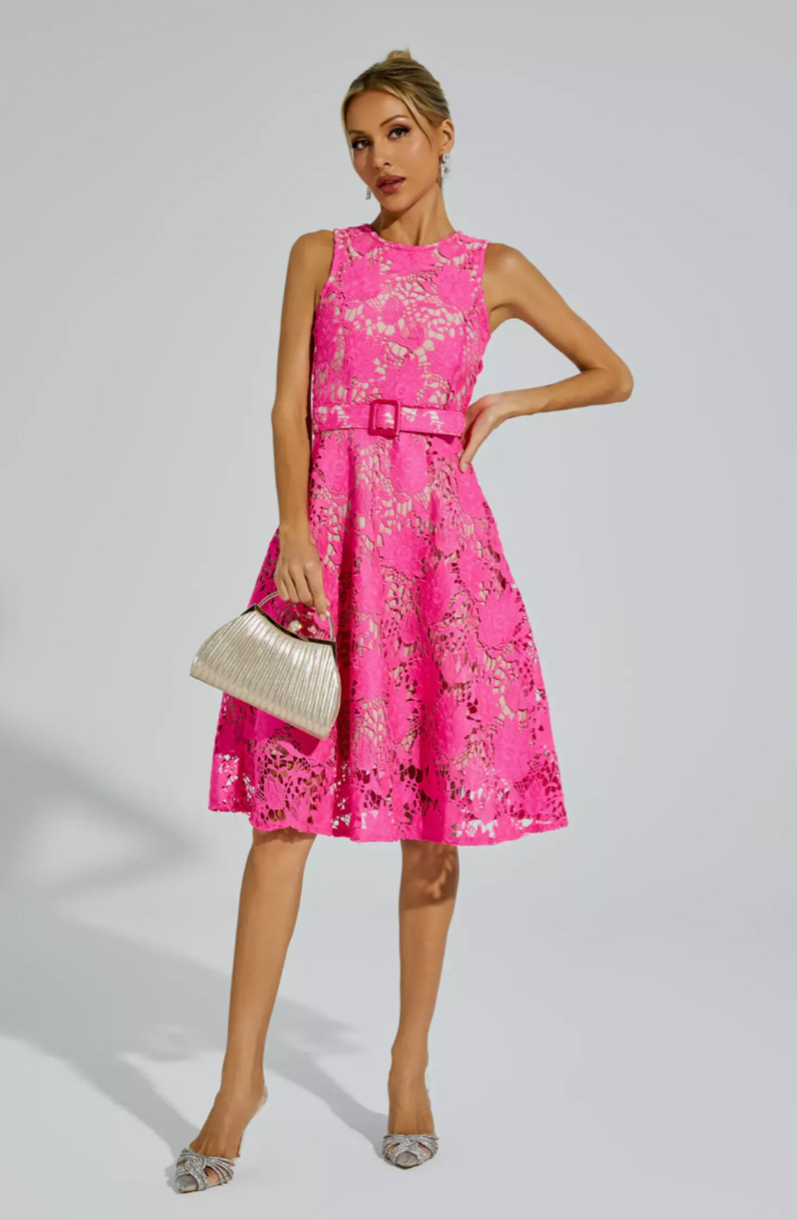 Briana pink belted midi dress