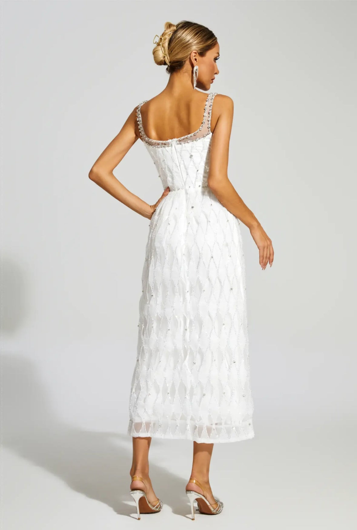 Crystal beads embellished white maxi dress