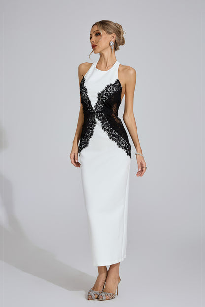 Bianca Lace-Panel Halter Midi Gown