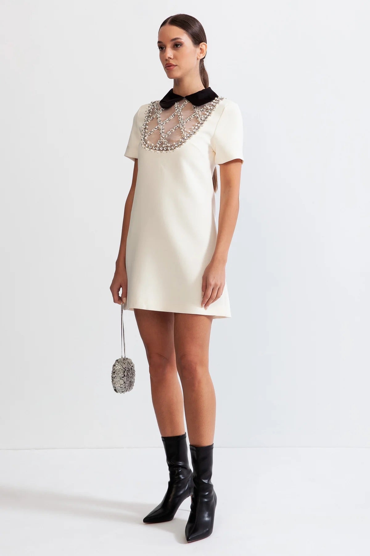 Black collar white mini dress (8284690940142)