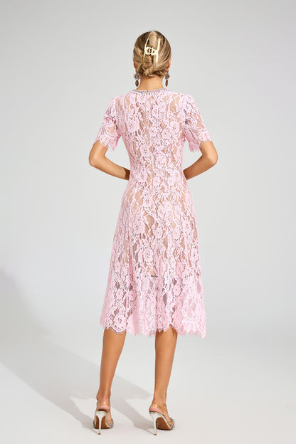 Jolie Sheer Pink  Lace Midi Dress