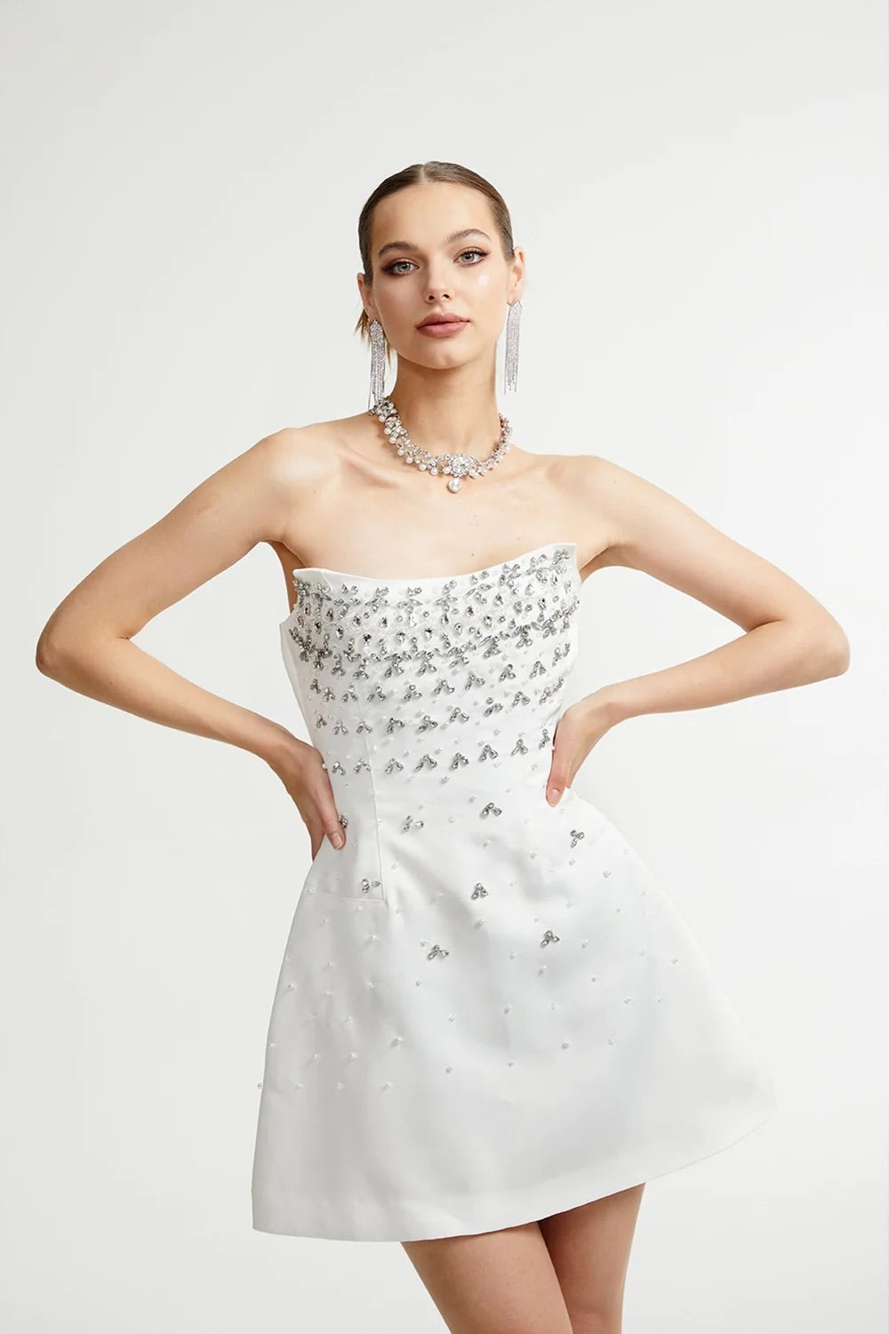 Crystals and Pearl white mini dress