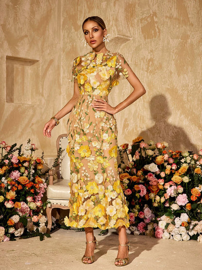 Soleil Bloom Flower Embroidered Midi Dress