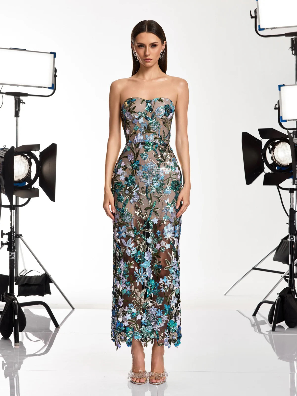 Leanna green/blue flower midi dress