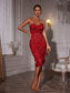 Red flower strapless midi dress