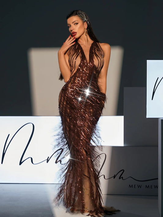 Brown sequin fringe maxi dress (8314076659950)