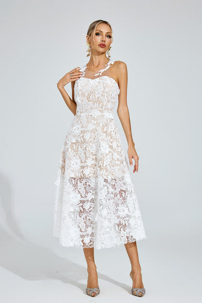 Amélie White Floral Lace Midi Dress