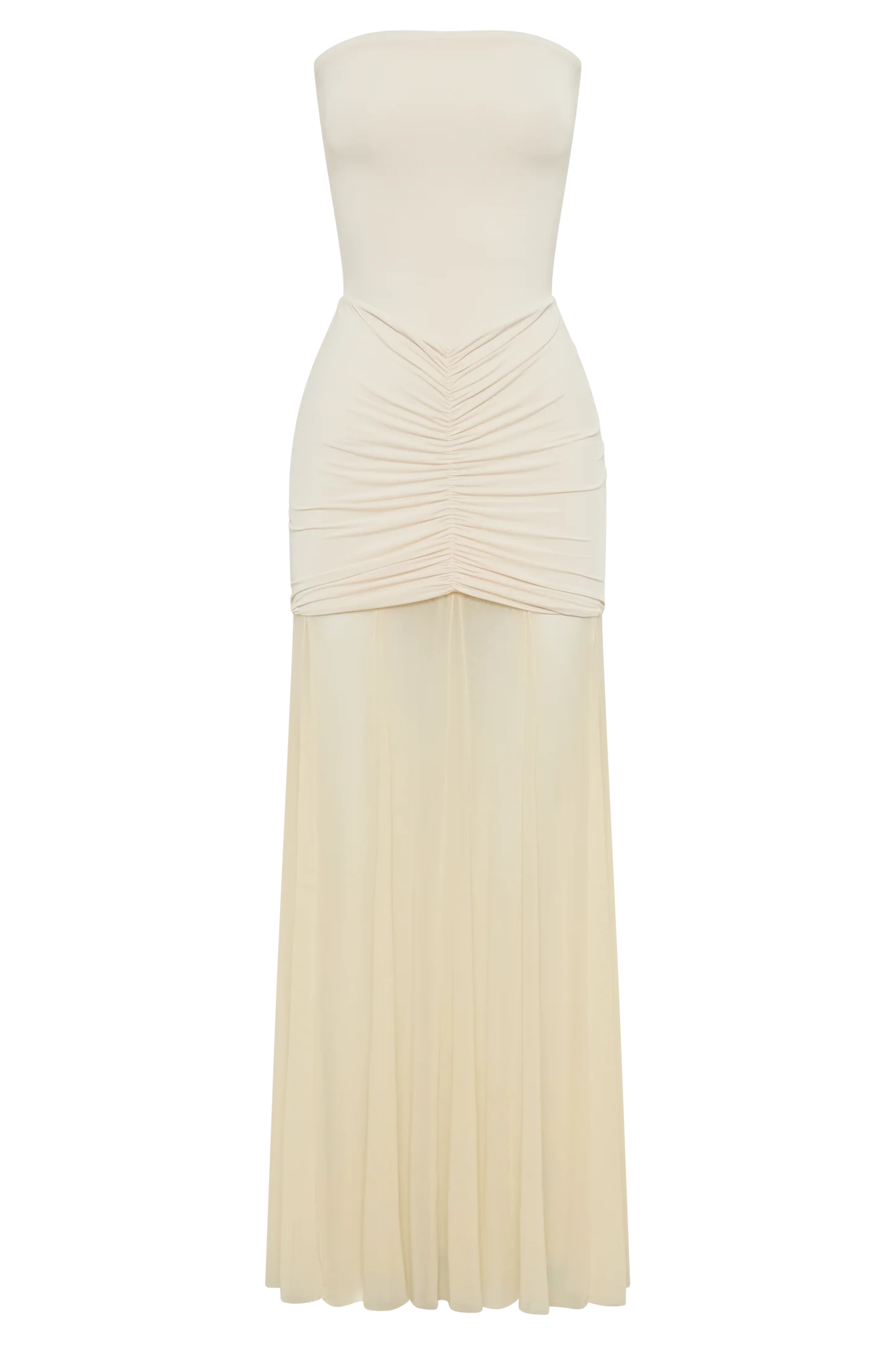 Nude Beige Sheer Ruched Strapless Gown