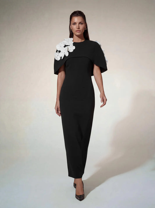 Camellia Flower Cape Maxi Dress