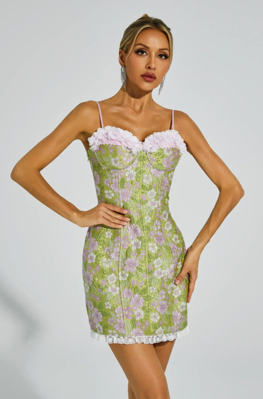 Gina green floral jacquard mini dress