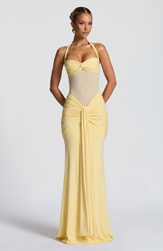 Soleil Illusion Draped Halter Gown