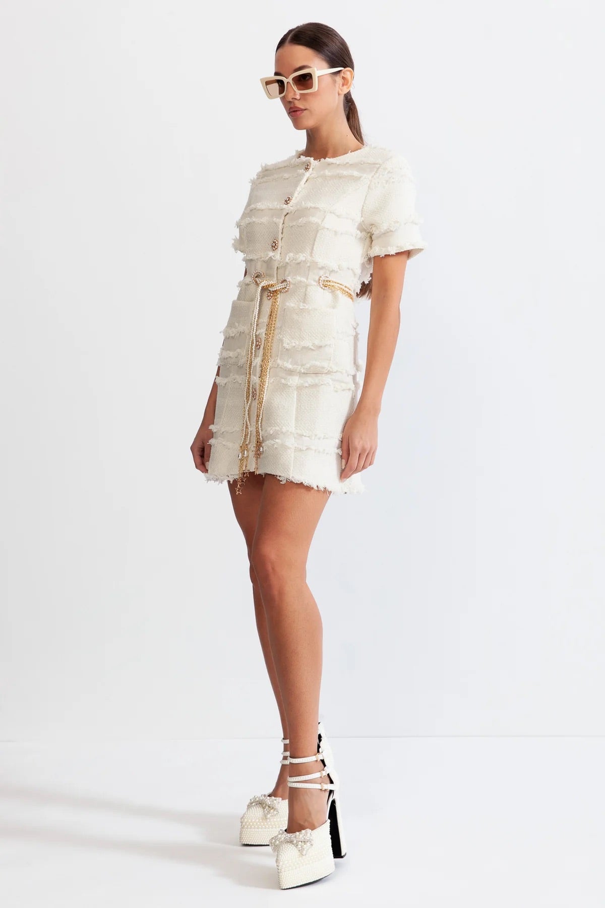 Pearl chain belt mini tweed dress (8284703916270)