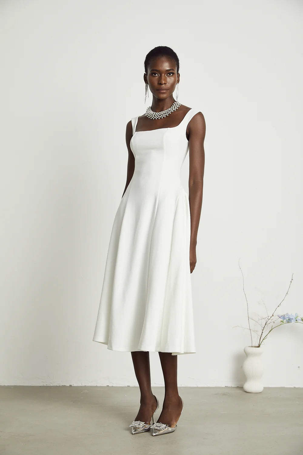 Chloe white flare midi dress