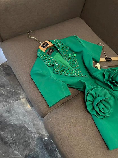 Camélia Flower Blazer Green Suit Set