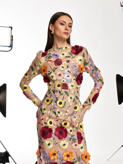 Soleil Bloom Flower Embroidered Midi Dress