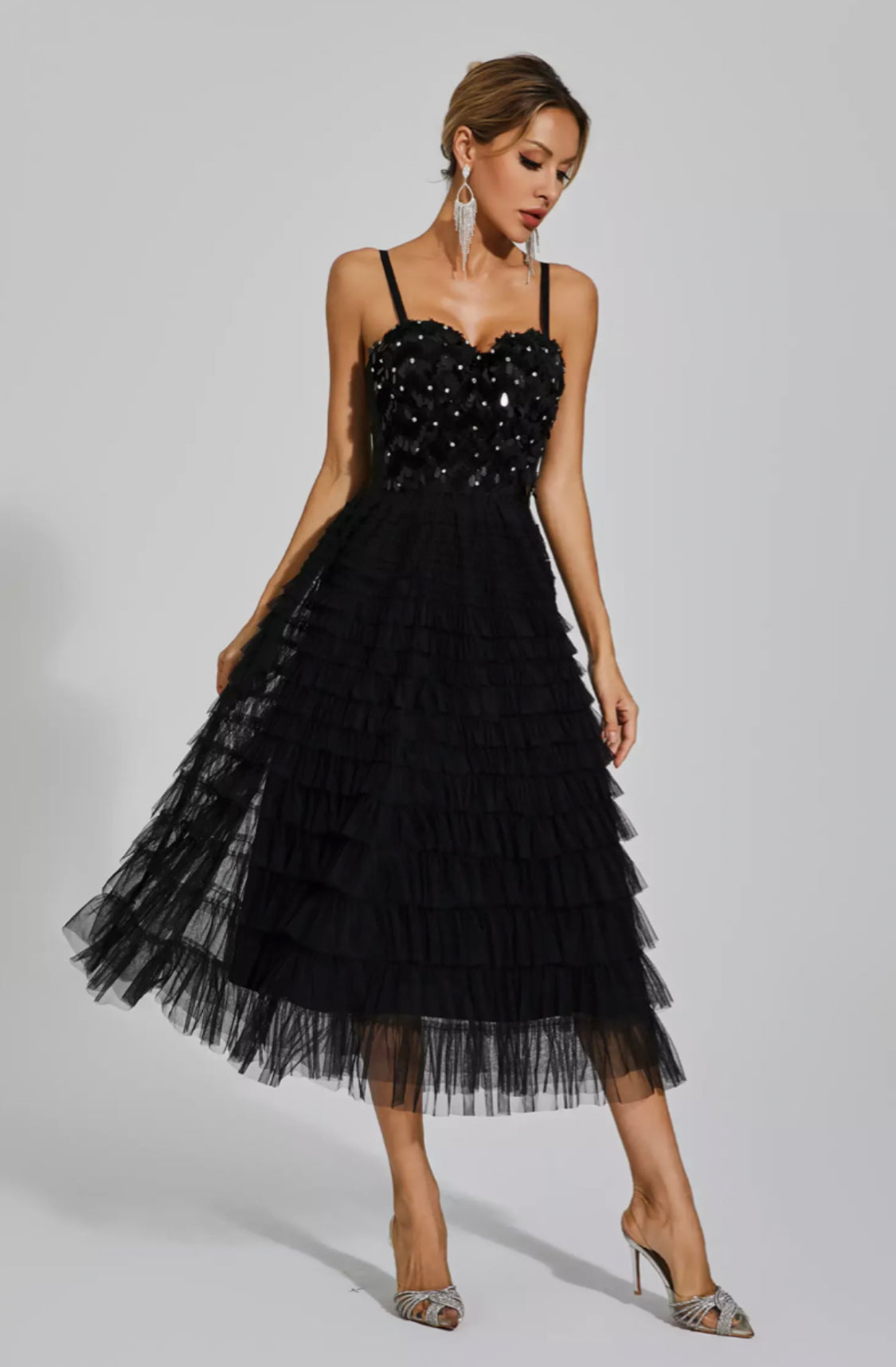 Tatiana black tulle midi dress