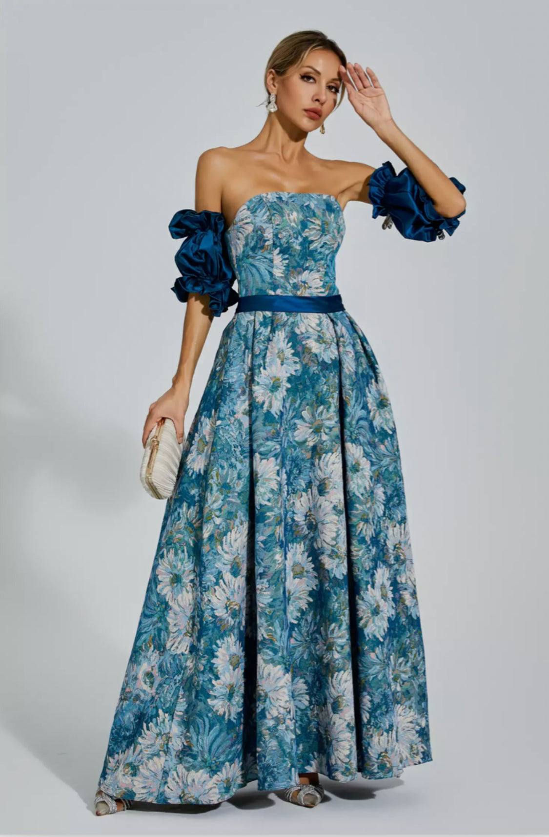 Samia flower off shoulder blue maxi dress