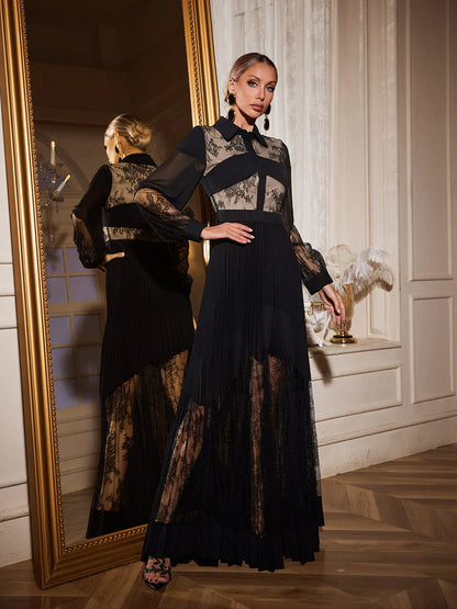 Lace Panel Pleated Shirt Dress