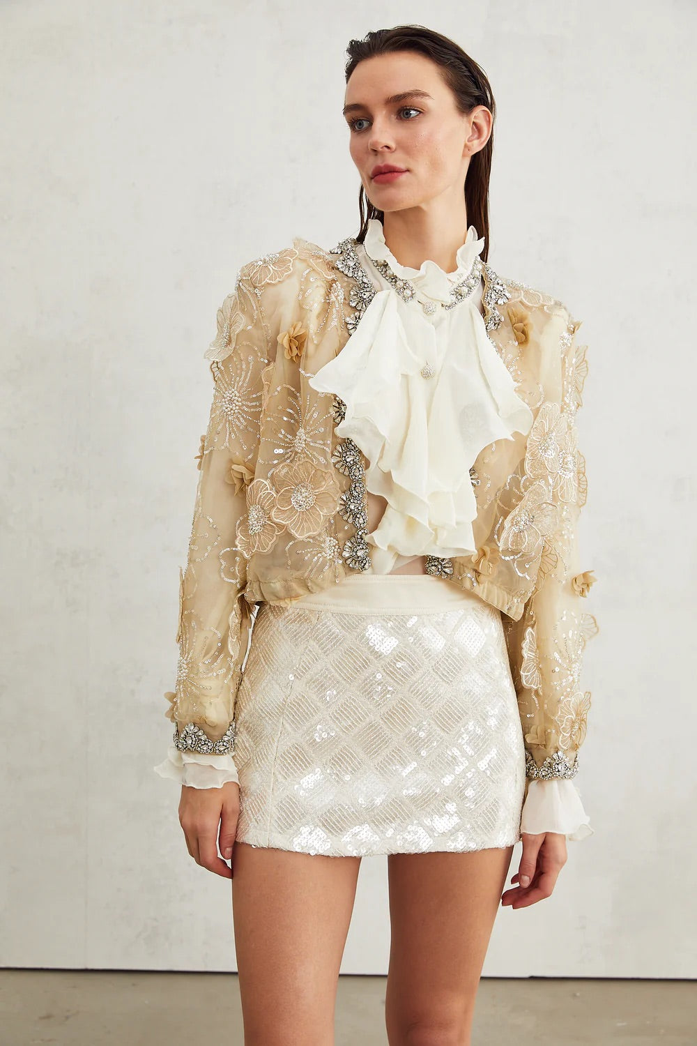 SEMI-SHEER FLOWER BEADED ORGANZA LIGHT LUXURY JACKET