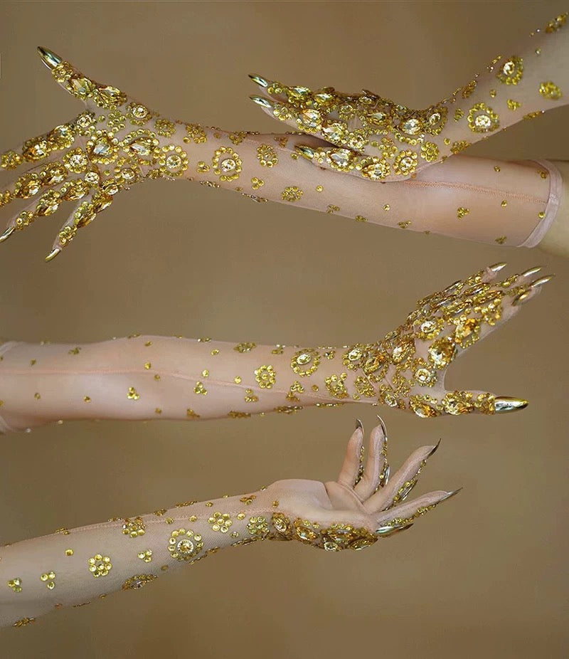 Gold rhinestone mesh high gloves