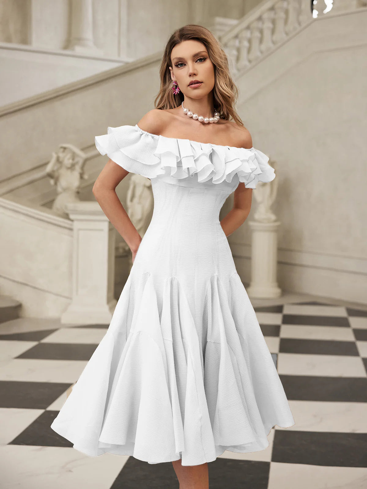 Amélie Off Shoulder Ruffle Midi Dress