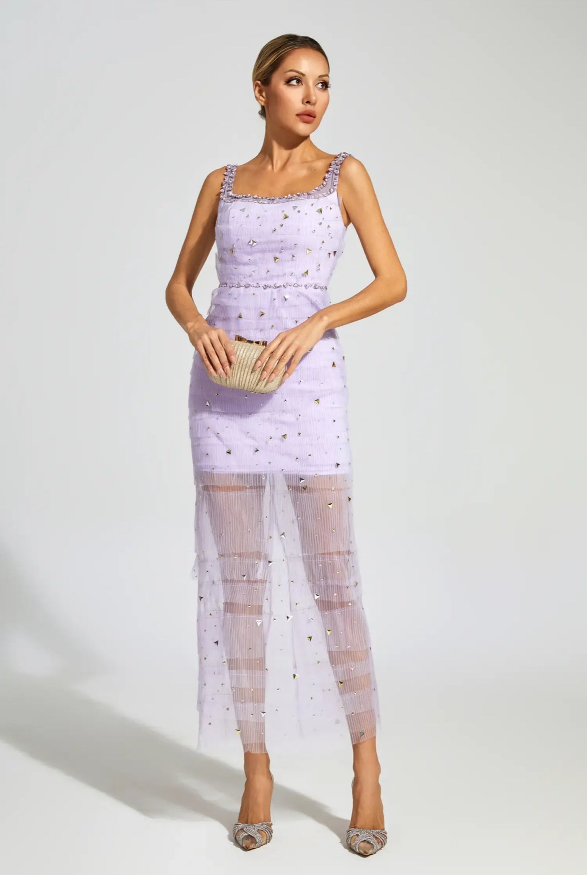 Purple mesh crystal midi dress