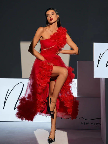 Belle red tulle midi dress
