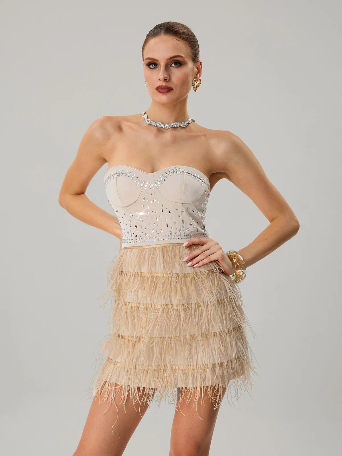 Champagne Feather Embellished Mini Dress