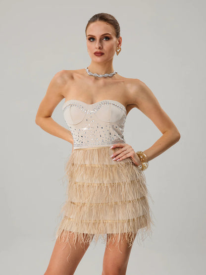 Champagne Feather Embellished Mini Dress