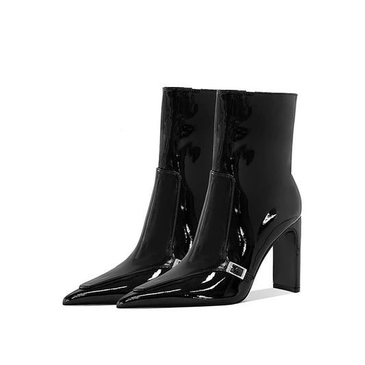 Vega Patent Buckle Boots – Glossy Block Heel
