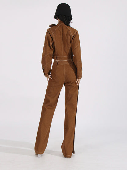 Brown denim side button set