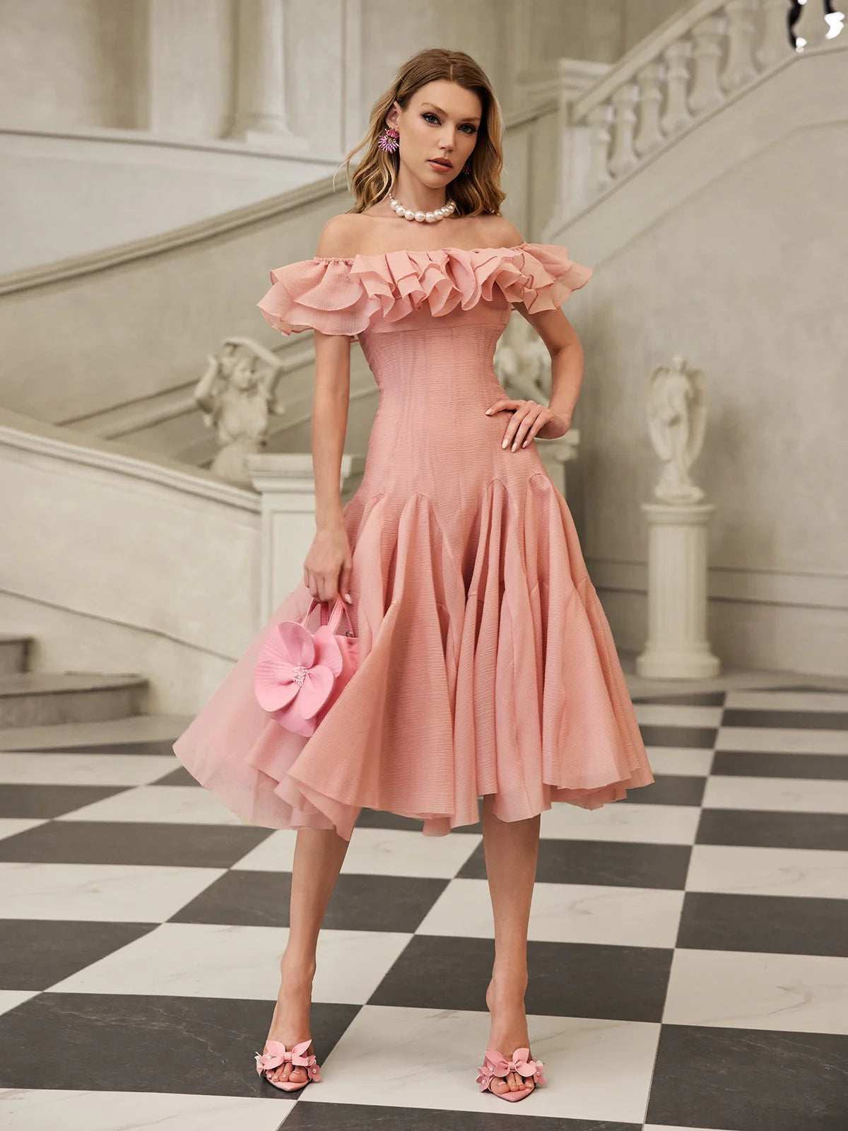 Amélie Off Shoulder Ruffle Midi Dress