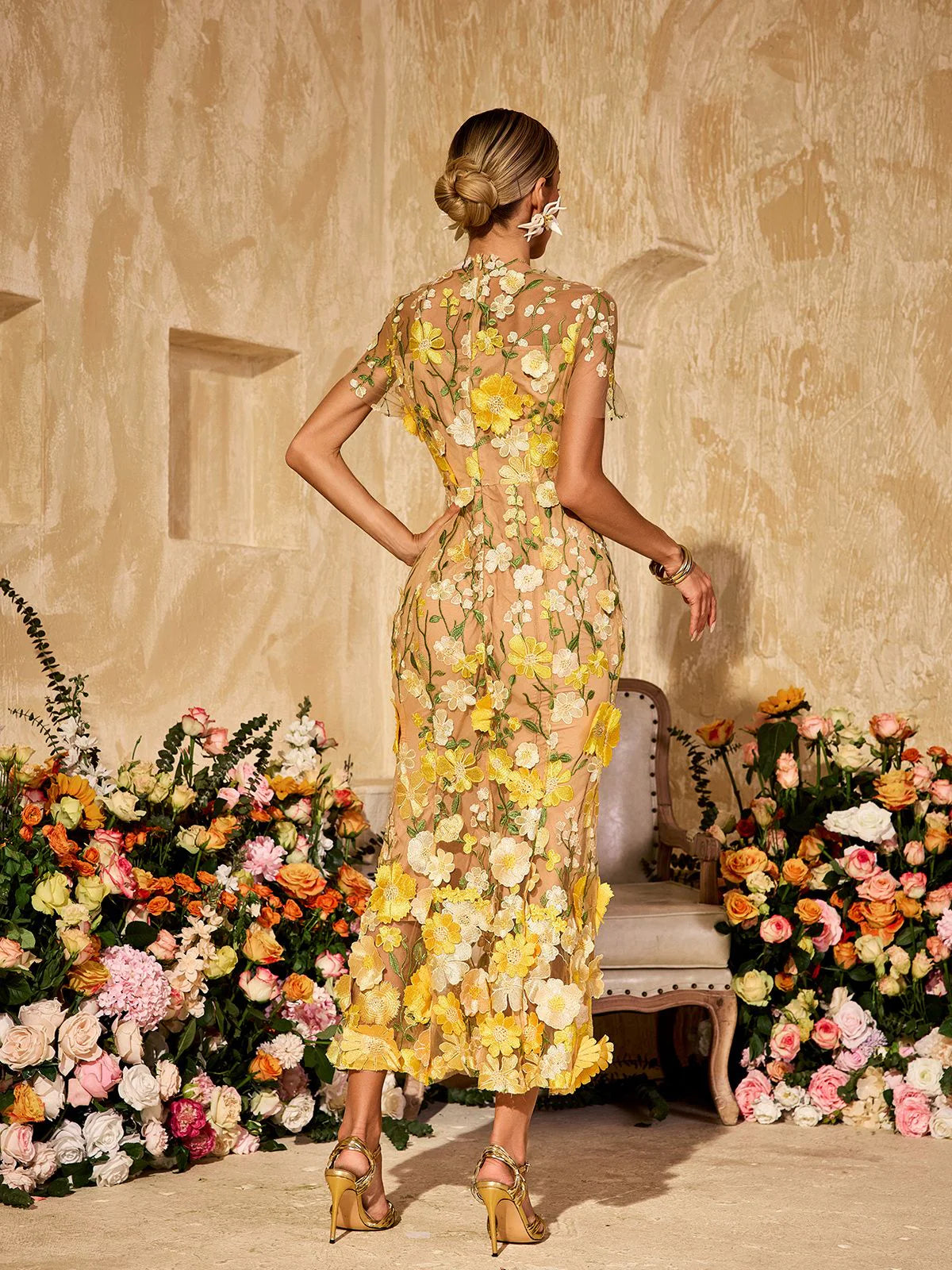 Soleil Bloom Flower Embroidered Midi Dress