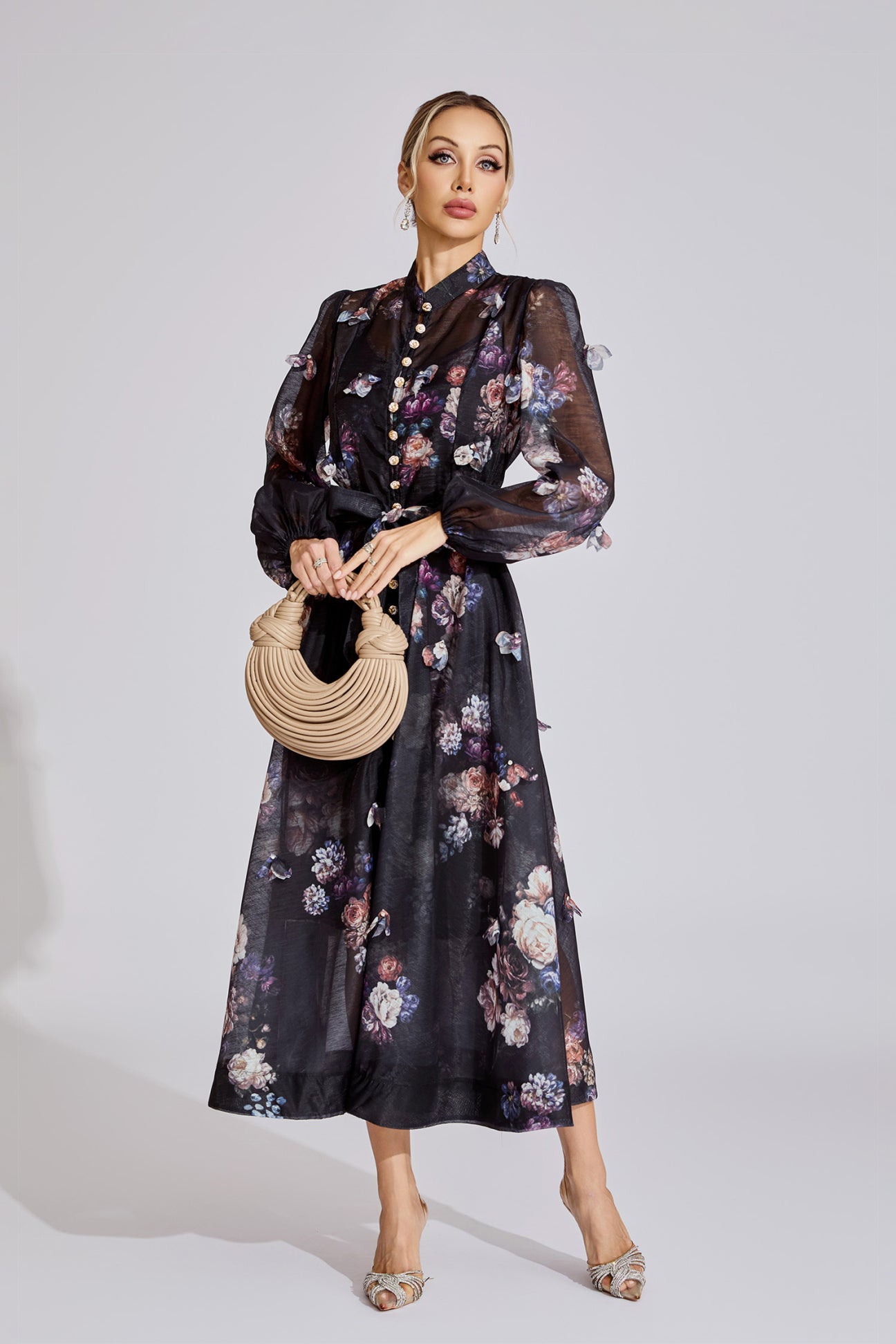 Midnight Bloom Organza Maxi Dress