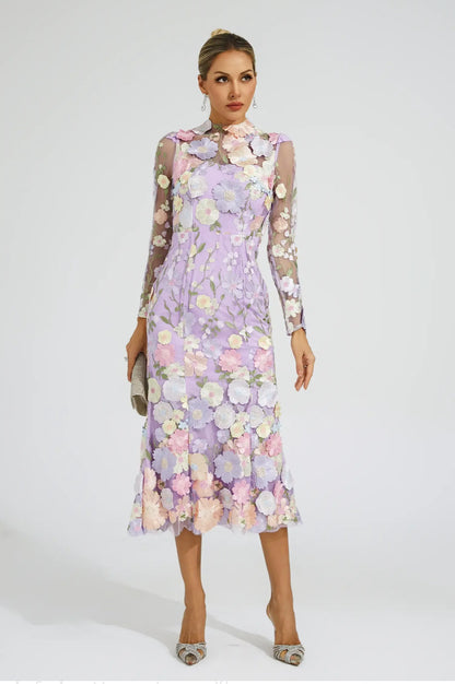 Purple flower embroidered midi dress