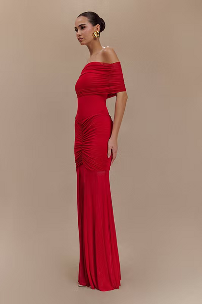Red Sheer Ruched Strapless Gown