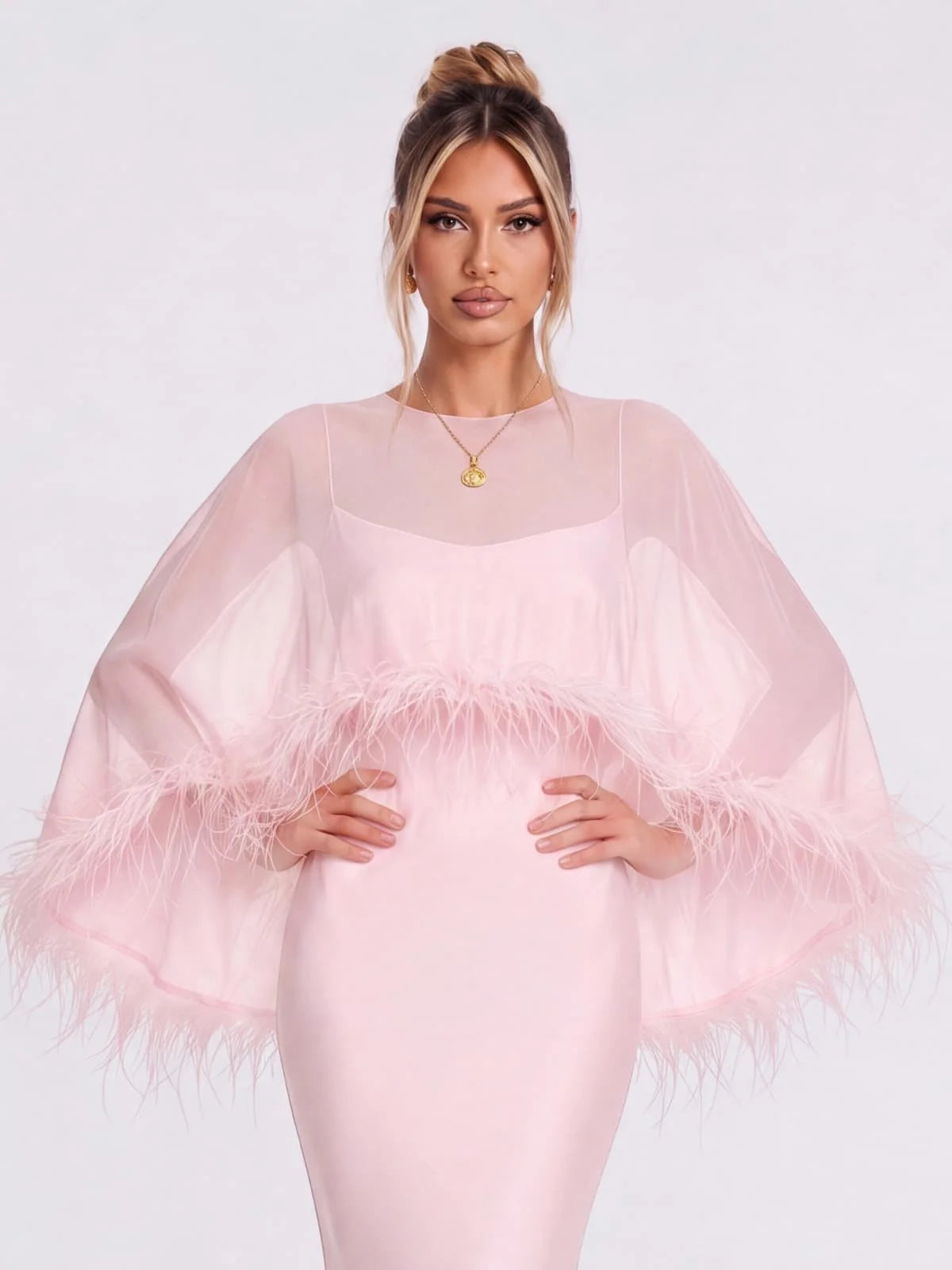 Amara Feather Cape Maxi Dress