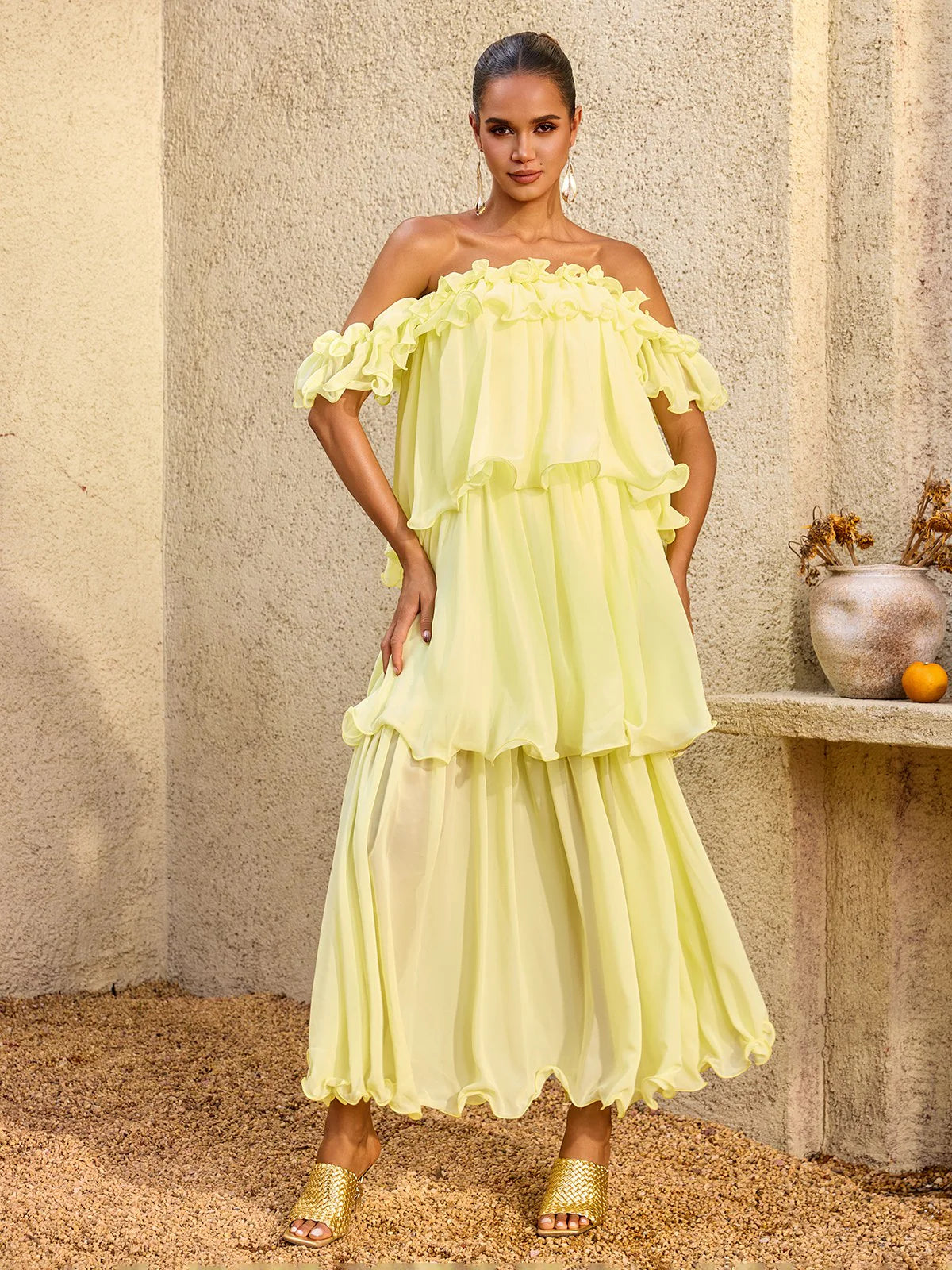 Limoncello Ruffle Chiffon Maxi Dress