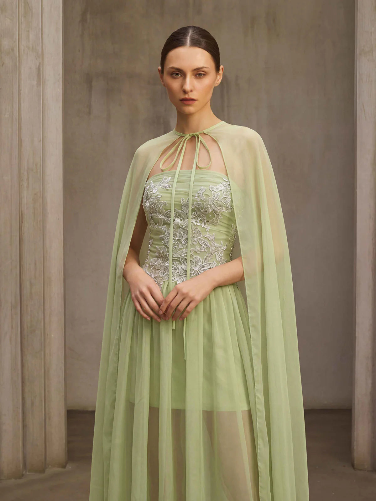 Sage Embroidered Cape Gown